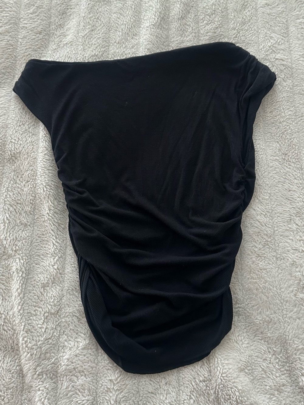 Ribbed Black Off-Shoulder Ruched Top - Picture 2 of 4